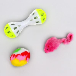 Набор игрушек для кошек: гантель 11 см, мышь 4 см и шар с пером 4 см, микс цветов Набор игрушек для кошек: гантель 11 см, мышь 4 см и шар с пером 4 см, микс цветов