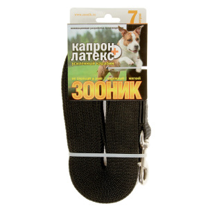Поводок Зооник капроновый с двойной латексной нитью и усиленным карабином, 7м х 25мм, черный Поводок Зооник капроновый с двойной латексной нитью и усиленным карабином, 7м х 25мм, черный