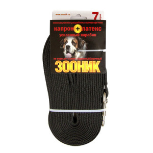 Поводок Зооник капроновый с латексной нитью и усиленным карабином, 7 м х 2,5 см, черный Поводок Зооник капроновый с латексной нитью и усиленным карабином, 7 м х 2,5 см, черный