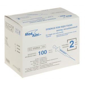 Шприц инъекц. 2 мл 3-х комп. с иглой 0,63*32 мм (23G*1 1/4") Шприц инъекц. 2 мл 3-х комп. с иглой 0,63*32 мм (23G*1 1/4")