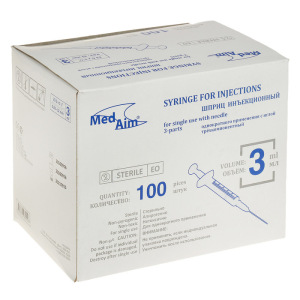 Шприц инъекц. 3 мл 3-х комп. с иглой 0,63*32 мм (23G*1 1/4") Шприц инъекц. 3 мл 3-х комп. с иглой 0,63*32 мм (23G*1 1/4")