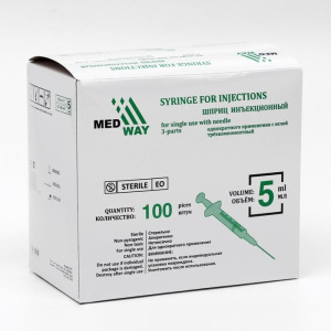 Шприц инъекционный MEDWAY 3-х компонентный 5 мл с иглой 0,7х40мм (22Gх1 1/2") Шприц инъекционный MEDWAY 3-х компонентный 5 мл с иглой 0,7х40мм (22Gх1 1/2")