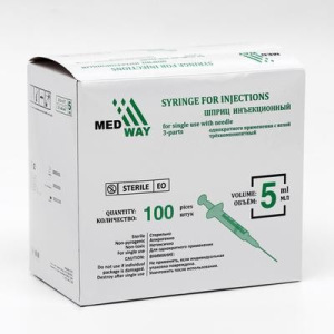 Шприц инъекционный MEDWAY 3-х компонентный 5 мл с иглой 0,7х40мм (22Gх1 1/2") Шприц инъекционный MEDWAY 3-х компонентный 5 мл с иглой 0,7х40мм (22Gх1 1/2")