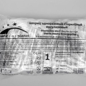 Шприц инсулиновый Medic-o-planet 1,0 мл U100 с иглой 27Gх1/2" (0,4х13 см) Шприц инсулиновый Medic-o-planet 1,0 мл U100 с иглой 27Gх1/2" (0,4х13 см)