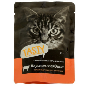 Влажный корм Tasty для кошек,говядина в желе, пауч, 85 г Влажный корм Tasty для кошек,говядина в желе, пауч, 85 г