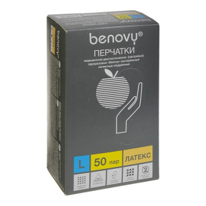 Медицинские перчатки Benovy L, латексные, опудренные, гладкие Медицинские перчатки Benovy L, латексные, опудренные, гладкие