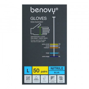 Медицинские перчатки нитриловые BENOVY текстурированные на пальцах, голубые, L, 50 пар Медицинские перчатки нитриловые BENOVY текстурированные на пальцах, голубые, L, 50 пар