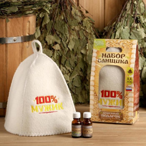 Набор банный "100% мужик" шапка с вышивкой, 2 аромамасла Набор банный "100% мужик" шапка с вышивкой, 2 аромамасла
