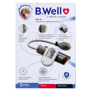 Тонометр B.Well PRO 30, полуавтомат, манжета 22-32 см, аритмия, 2хААА, без адаптера Тонометр B.Well PRO 30, полуавтомат, манжета 22-32 см, аритмия, 2хААА, без адаптера