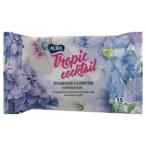 Влажные салфетки Aura Tropic Cocktail, освежающие, МИКС, 15 шт. Влажные салфетки Aura Tropic Cocktail, освежающие, МИКС, 15 шт.