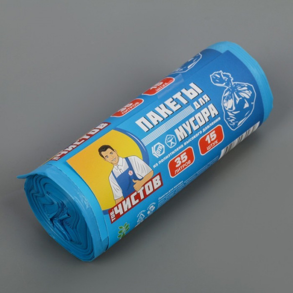 Мешки для мусора «Тов.Чистов», 35 л, 20 мкм, ПВД, 15 шт, цвет синий