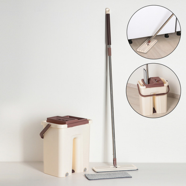 Набор для уборки: швабра плоская, ведро с отсеками для полоскания и отжима, дополнительная насадка из микрофибры, 21 л,