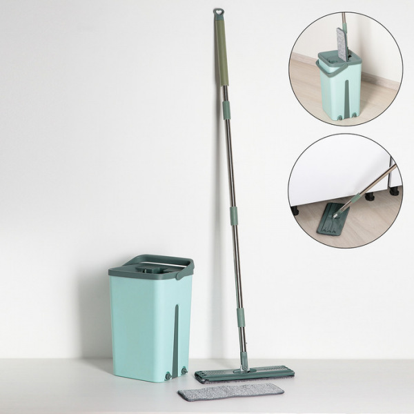 Набор для уборки: ведро с отсеками для полоскания и отжима 14 л, швабра плоская, доп. насадка