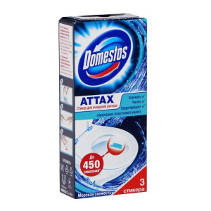 Стикер для очищения унитаза Domestos Attax «Морская свежесть», 3 шт. по 10 г Стикер для очищения унитаза Domestos Attax «Морская свежесть», 3 шт. по 10 г