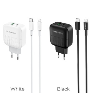 Зарядное устройство BOROFONE BA46A Premium, 3A, черный, два порта: USB/Type-C, кабель Type-C-Lightning Зарядное устройство BOROFONE BA46A Premium, 3A, черный, два порта: USB/Type-C, кабель Type-C-Lightning
