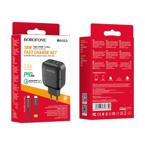 Зарядное устройство BOROFONE BA46A Premium, 3A, черный, два порта: USB/Type-C, кабель Type-C-Lightning Зарядное устройство BOROFONE BA46A Premium, 3A, черный, два порта: USB/Type-C, кабель Type-C-Lightning