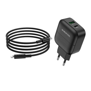 Зарядное устройство BOROFONE BA46A Premium, 3A, черный, два порта: USB/Type-C, кабель Type-C-Lightning Зарядное устройство BOROFONE BA46A Premium, 3A, черный, два порта: USB/Type-C, кабель Type-C-Lightning