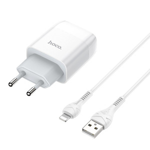 Зарядное устройство HOCO C73A Glorious, 2.4A, белый, кабель Lightning Зарядное устройство HOCO C73A Glorious, 2.4A, белый, кабель Lightning