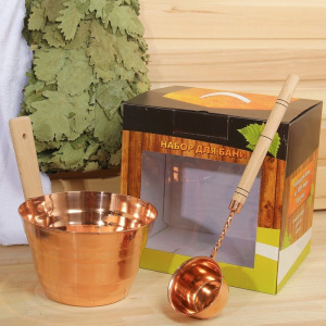 Набор для бани "Каменка" из двух предметов (ушат и черпак) медный, в коробке Набор для бани "Каменка" из двух предметов (ушат и черпак) медный, в коробке