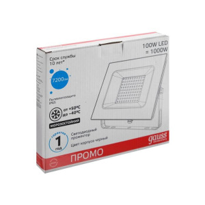 Прожектор светодиодный Gauss Elementary, 100 Вт, IP65, 6500 К, 6600 Лм, холодный белый Прожектор светодиодный Gauss Elementary, 100 Вт, IP65, 6500 К, 6600 Лм, холодный белый