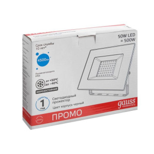 Прожектор светодиодный Gauss Elementary, 50 Вт, IP65, 6500 К, 3510 Лм, холодный белый Прожектор светодиодный Gauss Elementary, 50 Вт, IP65, 6500 К, 3510 Лм, холодный белый