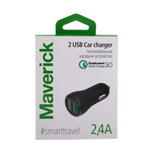 Автомобильное зарядное устройство Maverick, 2 USB, 2.4A, быстрый заряд QC 3.0, черное Автомобильное зарядное устройство Maverick, 2 USB, 2.4A, быстрый заряд QC 3.0, черное