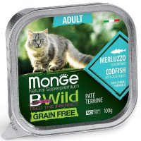 Влажный корм Monge Cat BWild GRAIN FREE для кошек, треска/овощи, консервы, 100 г